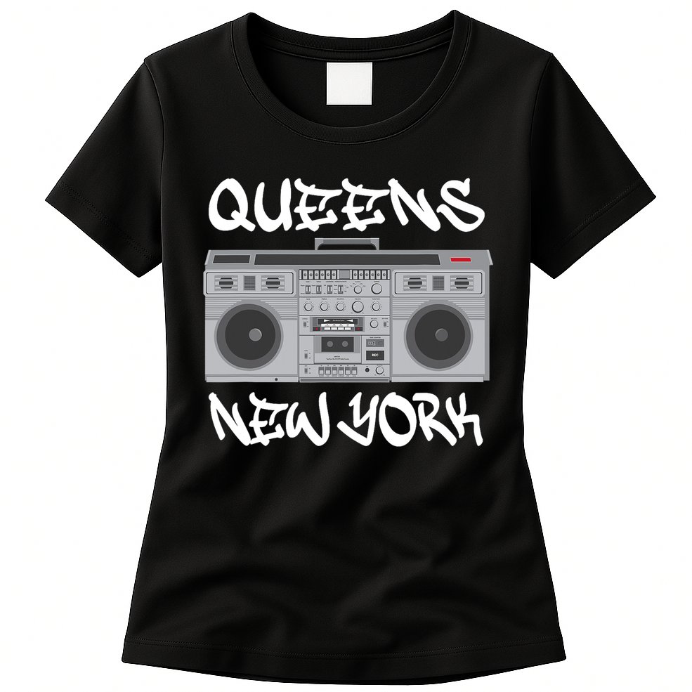 Queens New York Boom Box Graffiti Lettering Womens T-Shirt