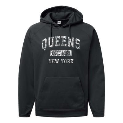 Queens New York Ny Vintage Established Performance Fleece Hoodie