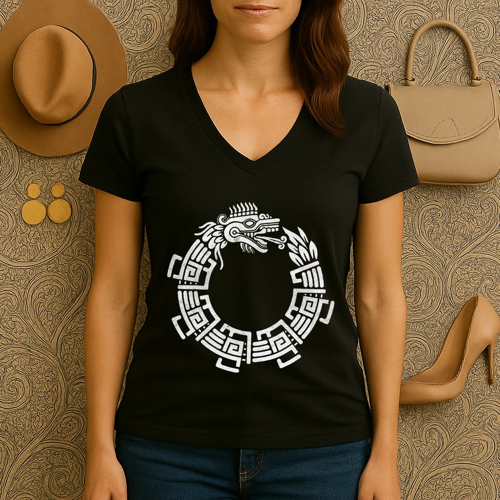 Quetzalcoatl Ouroboros Aztec Serpent Mayan Inca Toltec Women's V-Neck T-Shirt