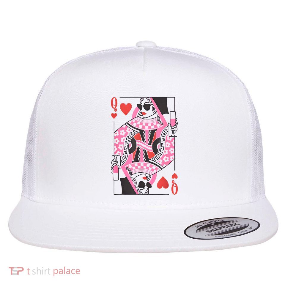Queen Of Hearts Champagne Lover Gifts Valentines Day Flat Bill Trucker Hat