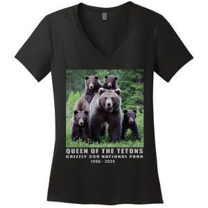 Queen Of The Tetons Grizzly 399 National Park 1996 2024 Women's V-Neck T-Shirt