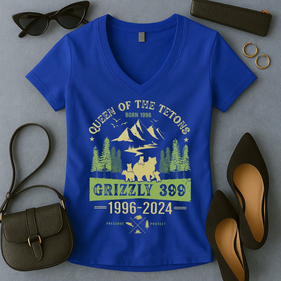 Queen Of The Tetons Grizzly 399 National Park 19962024 Women's V-Neck T-Shirt