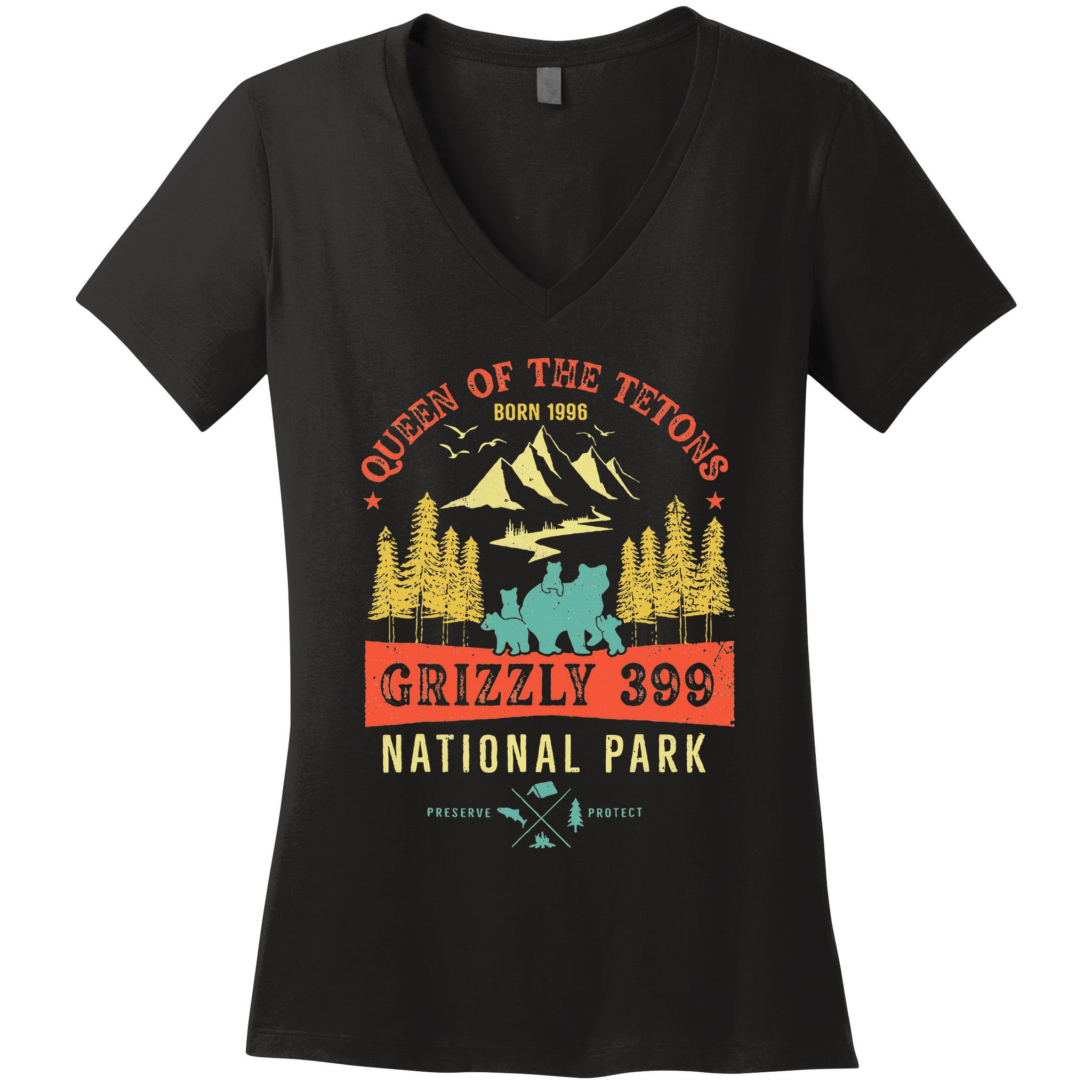 Queen Of The Tetons Grizzly 399 National Park Preserve Women's V-Neck T-Shirt
