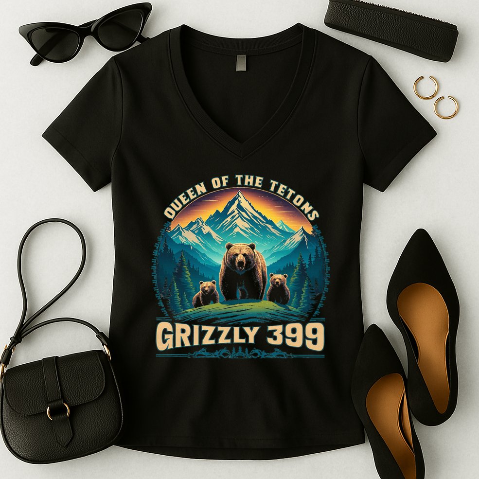 Queen Of The Tetons Grizzly Bear 399 National Park Women's V-Neck T-Shirt