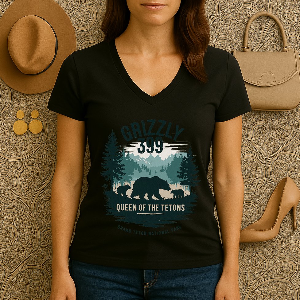 Queen Of The Tetons Grizzly 399 Bear Lovers National Park Women's V-Neck T-Shirt