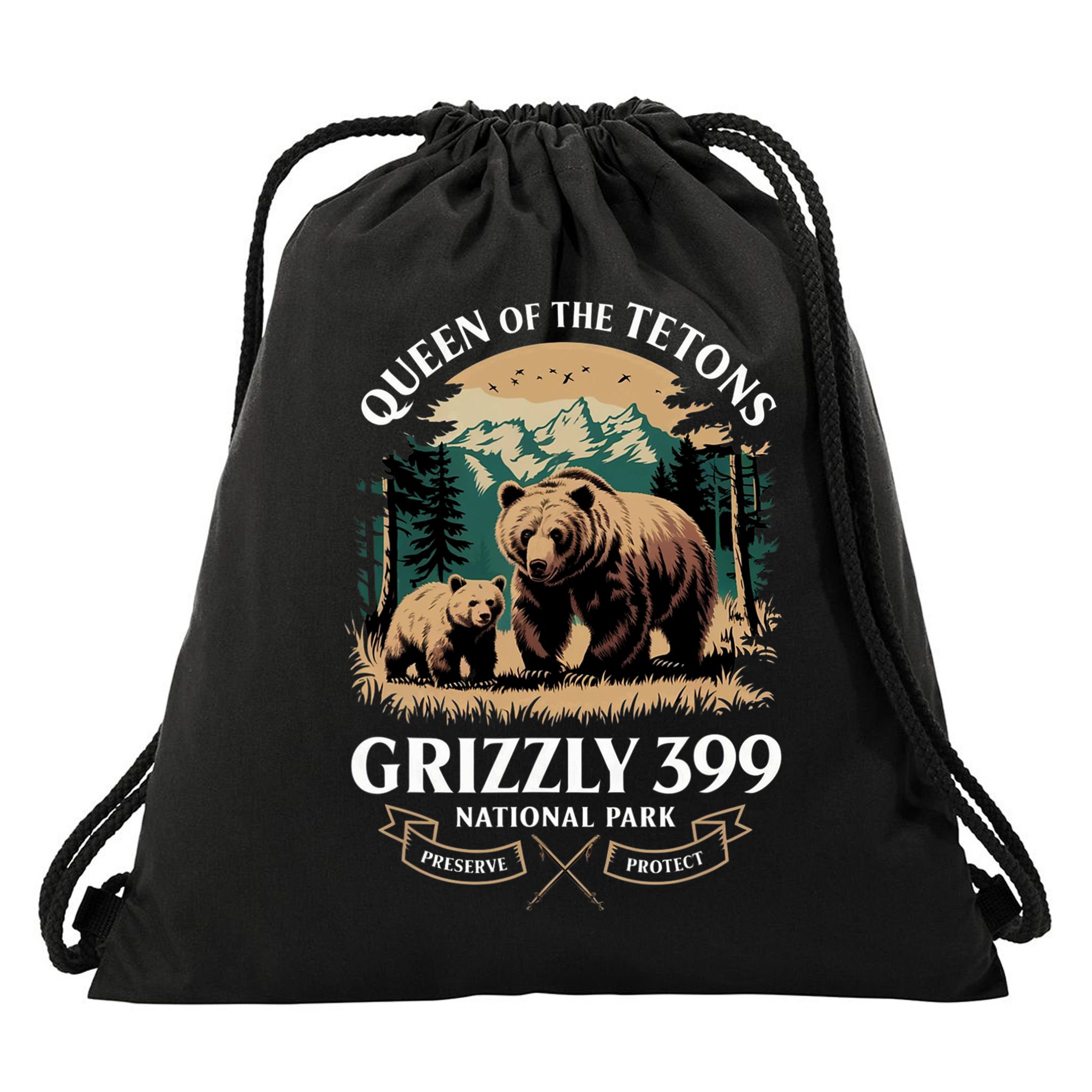 Queen Of The Tetons Grizzly 399 National Park Bear Drawstring Bag