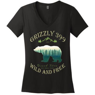 Queen Of The Teton Grizzly 399 Bear Wildlife Forest Preserve Women's V-Neck T-Shirt