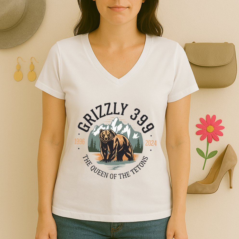 Queen Of The Tetons Grizzly 399 National Park Bear Lovers Women's V-Neck T-Shirt