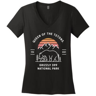 Queen Of The Tetons Grizzly 399 National Park 1996 2024 Women's V-Neck T-Shirt