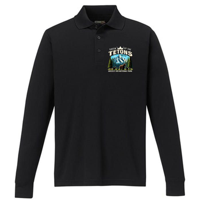 Queen Of The Tetons Grizzly 399 National Park Bear Lover Performance Long Sleeve Polo