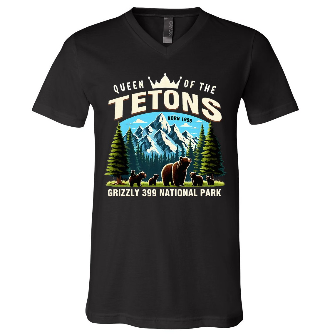 Queen Of The Tetons Grizzly 399 National Park Bear Lover V-Neck T-Shirt