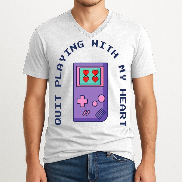 Quit Playing With My Heart Retro Video Game V-Neck T-Shirt