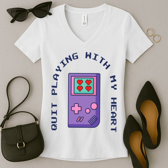 Quit Playing With My Heart Retro Video Game Women's V-Neck T-Shirt