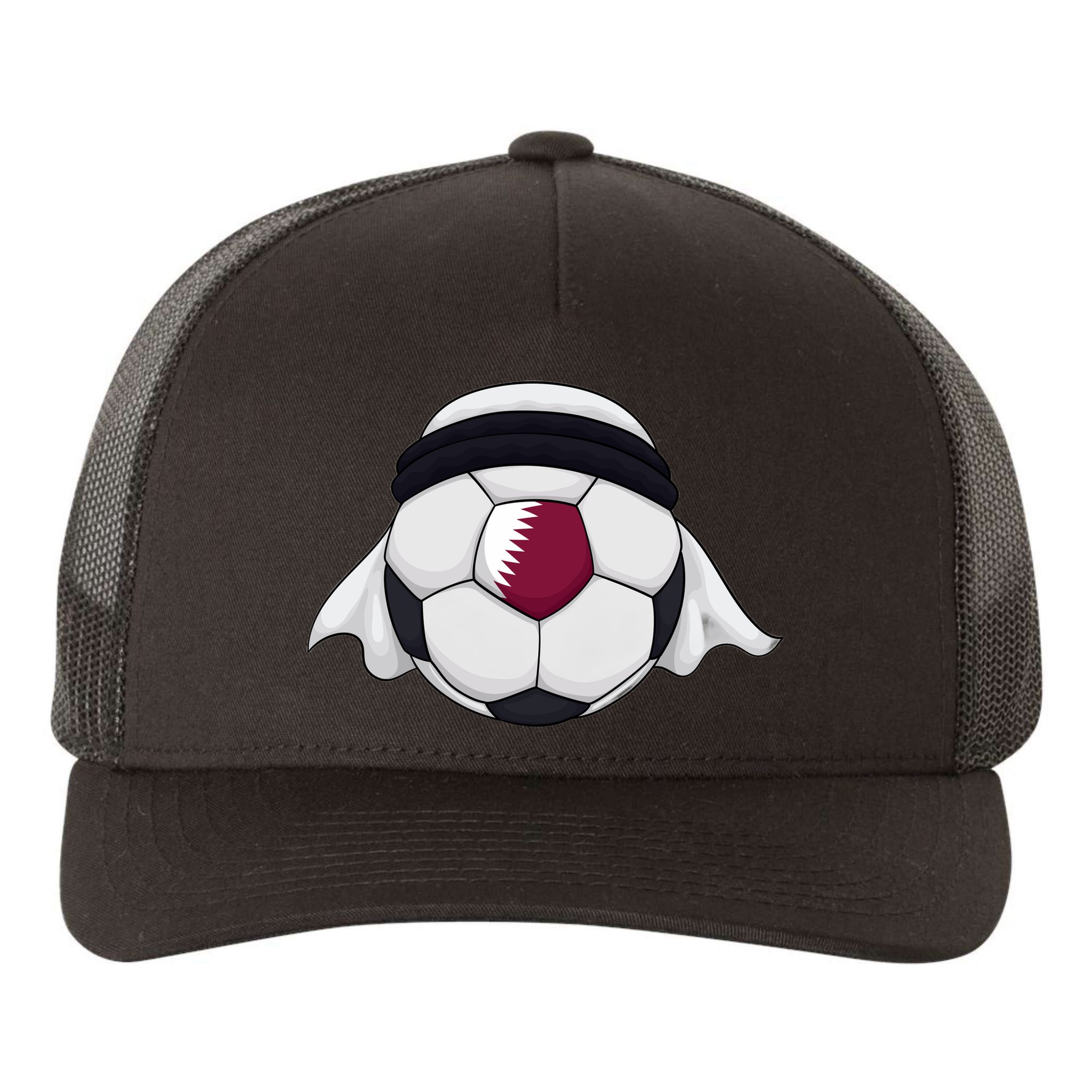 Qatar Soccer Ball Wearing Keffiyeh Yupoong Adult 5-Panel Trucker Hat