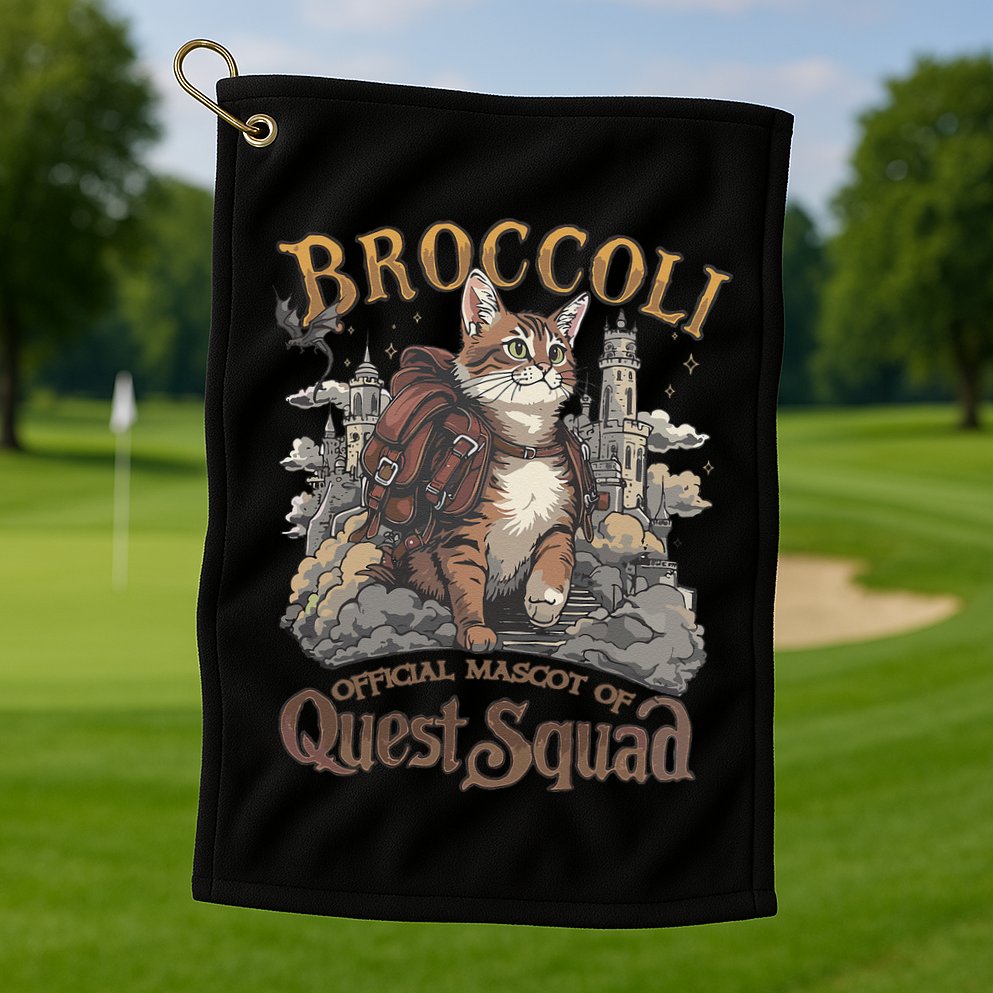 Quest Squad Broccoli Funny Cat Meme Cat Lover Bookworms Golf Towel