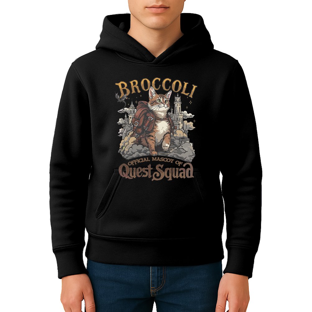 Quest Squad Broccoli Funny Cat Meme Cat Lover Bookworms Kids Hoodie