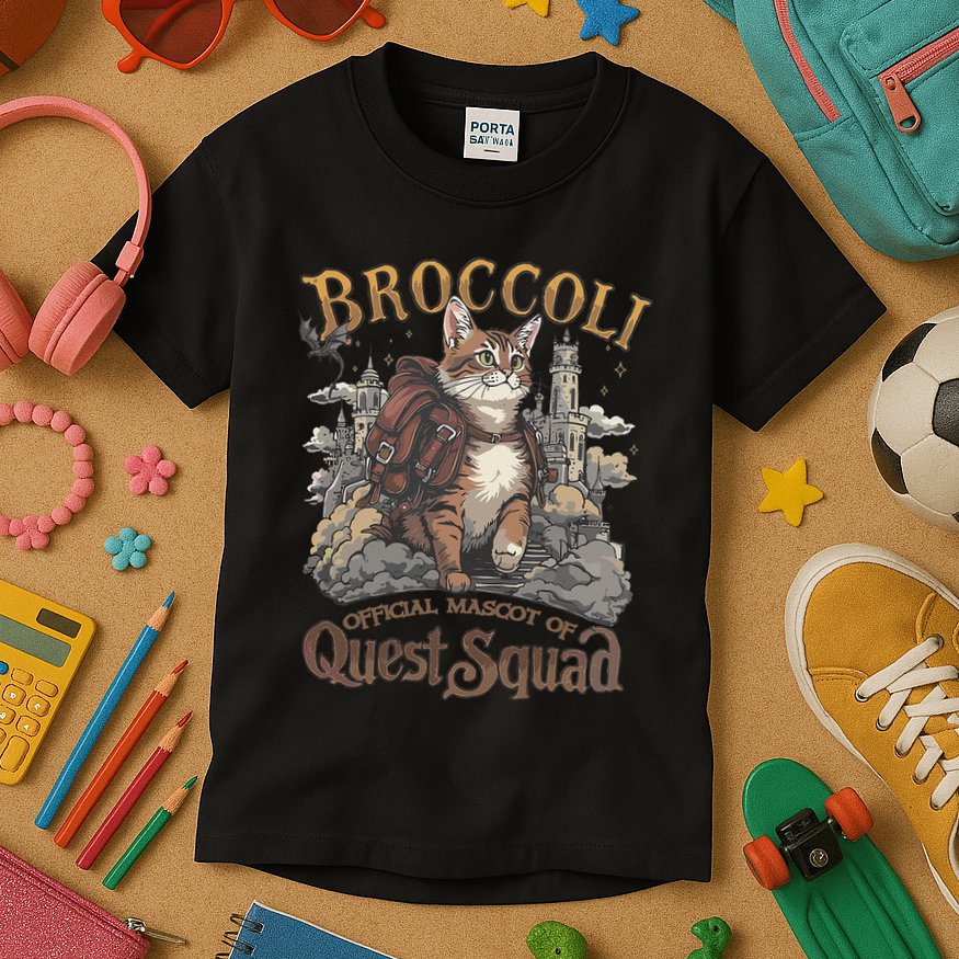 Quest Squad Broccoli Funny Cat Meme Cat Lover Bookworms Kids T-Shirt