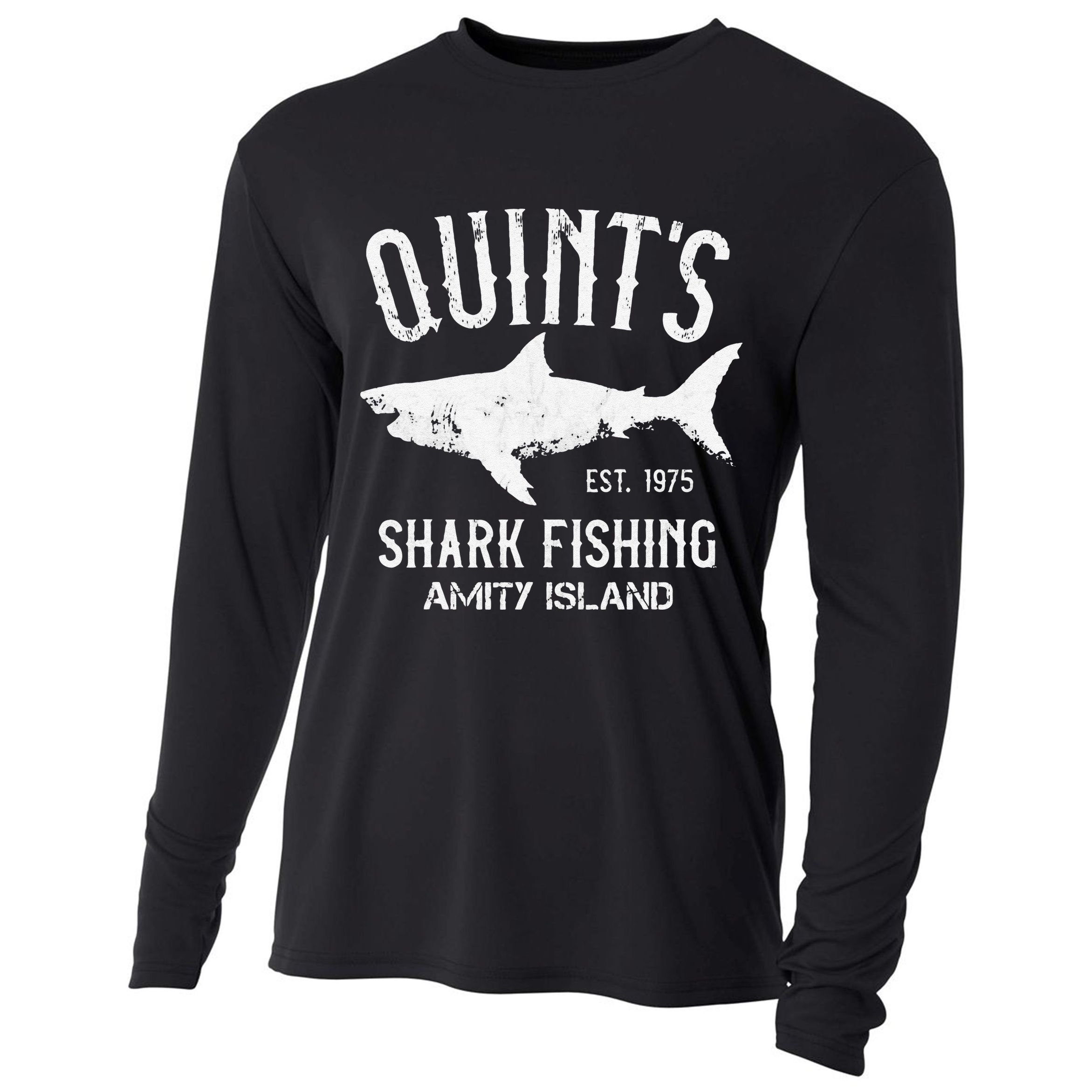 Quints Shark Fishing Charters Amity Island 1975 Cooling Performance Long Sleeve Crew