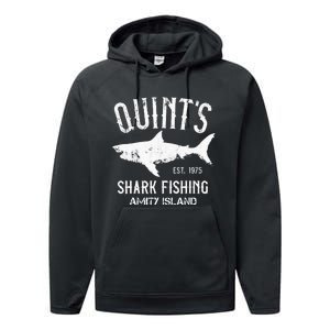 Quints Shark Fishing Charters Amity Island 1975 Performance Fleece Hoodie