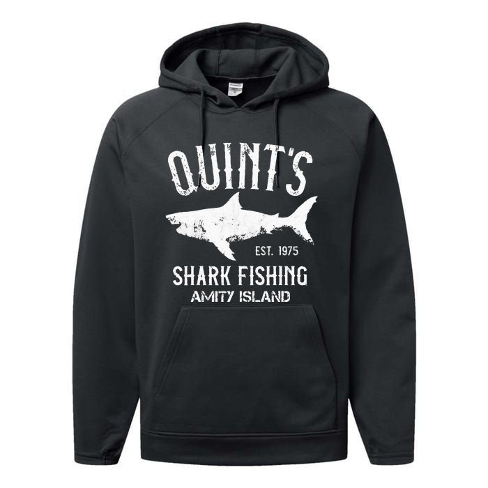 Quints Shark Fishing Charters Amity Island 1975 Performance Fleece Hoodie