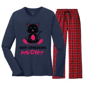 Quit Stressing Meowt Funny Meditation Lotus Seat Cat Yoga Women's Long Sleeve Flannel Pajama Set 