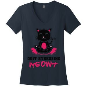 Quit Stressing Meowt Funny Meditation Lotus Seat Cat Yoga Women's V-Neck T-Shirt