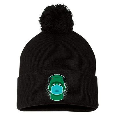 Quarantine Frankenstein With Mask Pom Pom 12in Knit Beanie