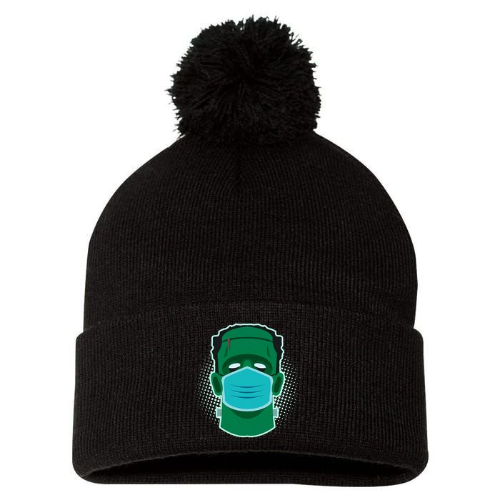 Quarantine Frankenstein With Mask Pom Pom 12in Knit Beanie