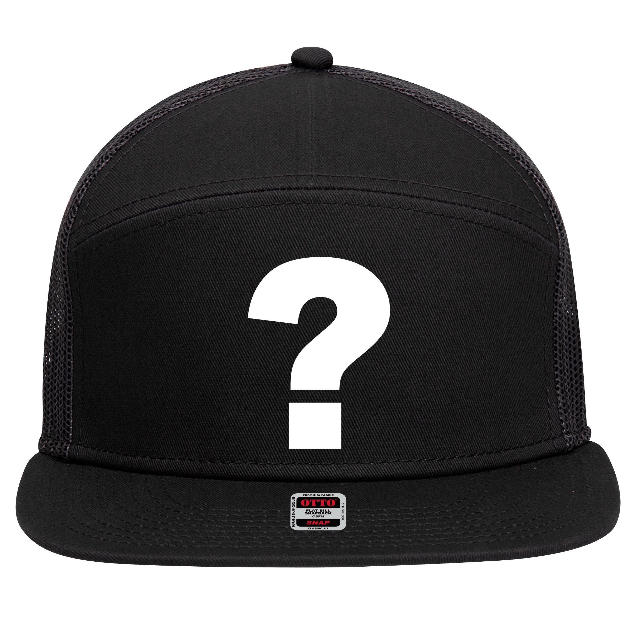 Question Mark Logo 7 Panel Mesh Trucker Snapback Hat