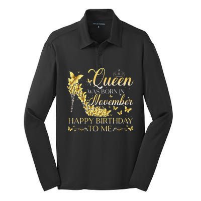 Queen Was Born In November Happy Birthday To Me Crown Shoes Silk Touch Performance Long Sleeve Polo