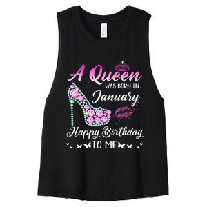 Queen was born in January Cute Funny Happy Birthday Gifts Women's Racerback Cropped Tank