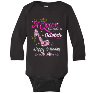 Queen Was Born In October Cute Funny Happy Birthday Gift Baby Long Sleeve Bodysuit