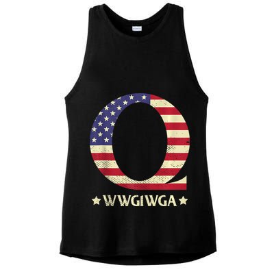 QAnon WWG1WGA Q Anon Great Awakening MAGA USA Flag Design Ladies PosiCharge Tri-Blend Wicking Tank