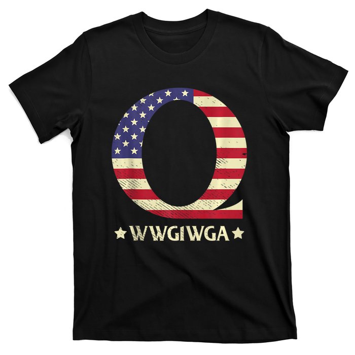 QAnon WWG1WGA Q Anon Great Awakening MAGA USA Flag Design T-Shirt