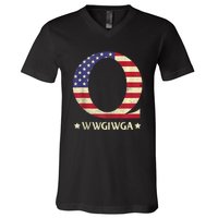 QAnon WWG1WGA Q Anon Great Awakening MAGA USA Flag Design V-Neck T-Shirt