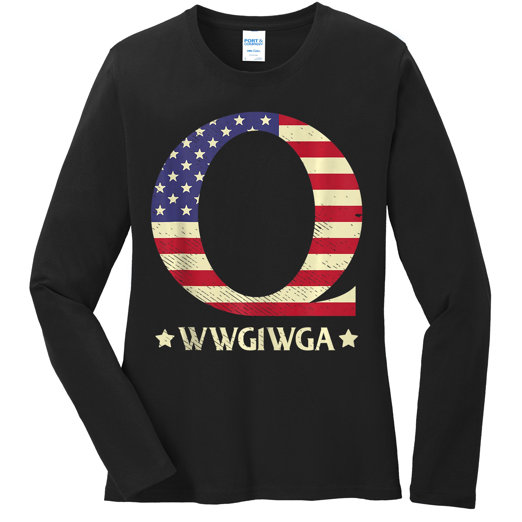 QAnon WWG1WGA Q Anon Great Awakening MAGA USA Flag Design Ladies Long Sleeve Shirt