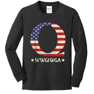 QAnon WWG1WGA Q Anon Great Awakening MAGA USA Flag Design Kids Long Sleeve Shirt