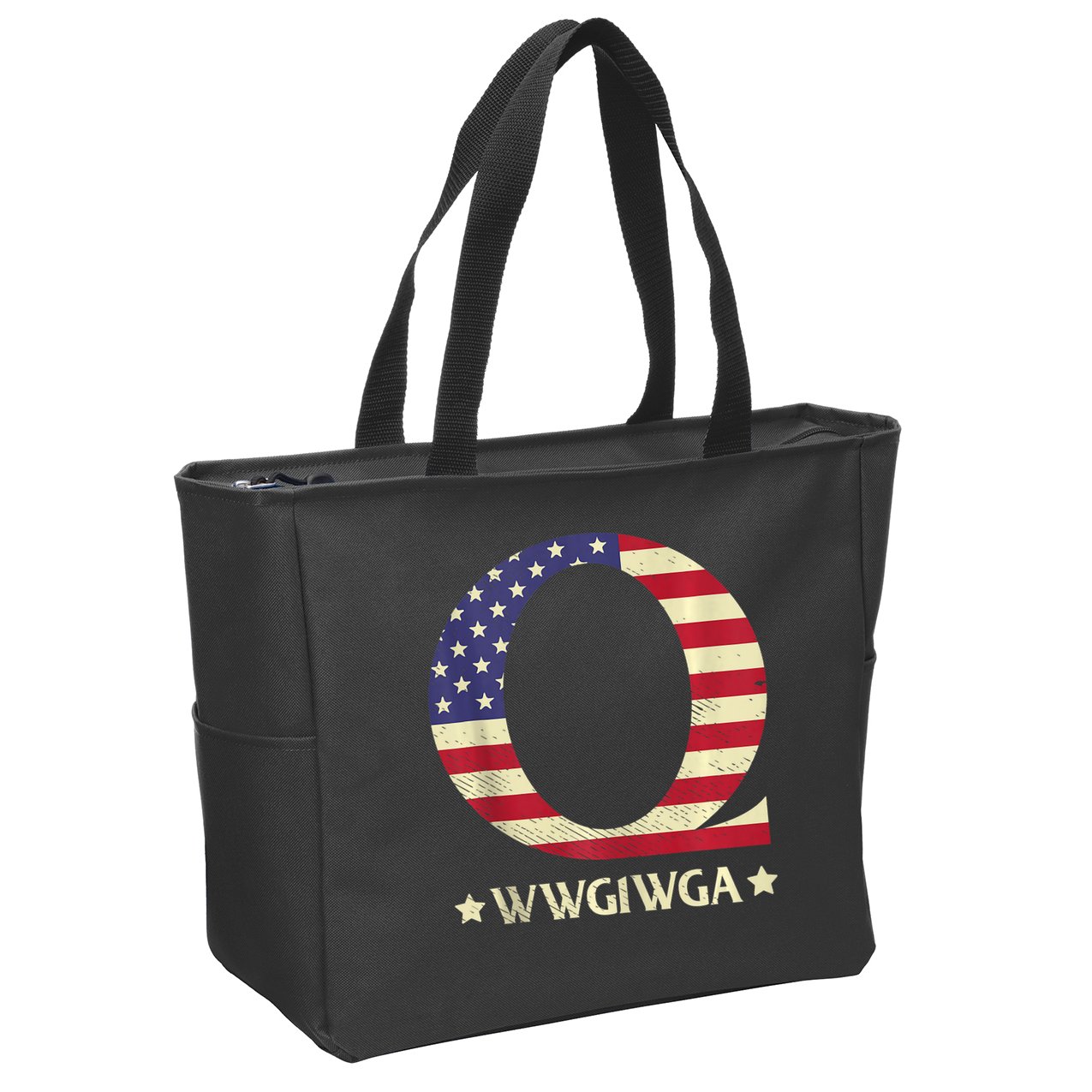 QAnon WWG1WGA Q Anon Great Awakening MAGA USA Flag Design Zip Tote Bag