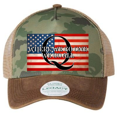Q Where We Go One We Go All Usa Flag Legacy Tie Dye Trucker Hat