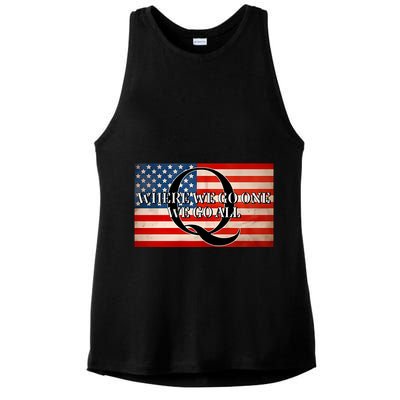 Q Where We Go One We Go All Usa Flag Ladies PosiCharge Tri-Blend Wicking Tank