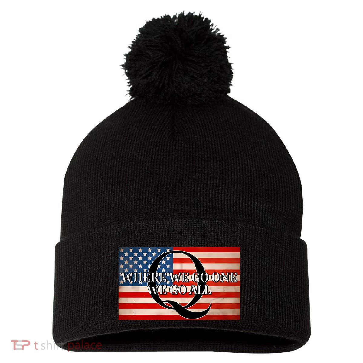 Q Where We Go One We Go All Usa Flag Pom Pom 12in Knit Beanie