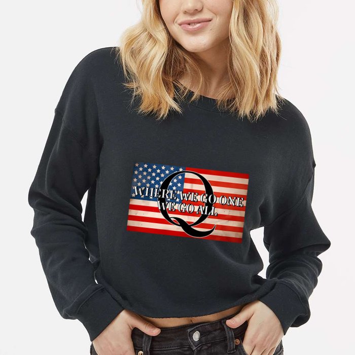 Q Where We Go One We Go All Usa Flag Cropped Pullover Crew