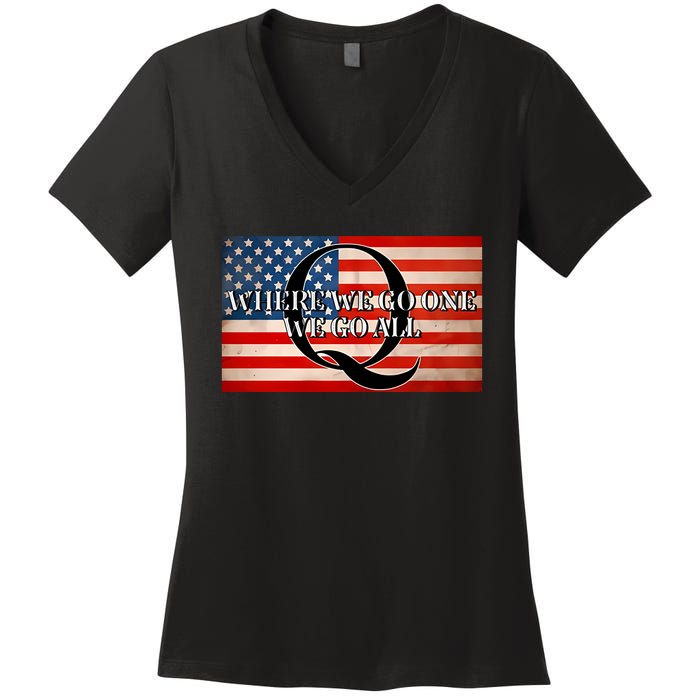 Q Where We Go One We Go All Usa Flag Women's V-Neck T-Shirt