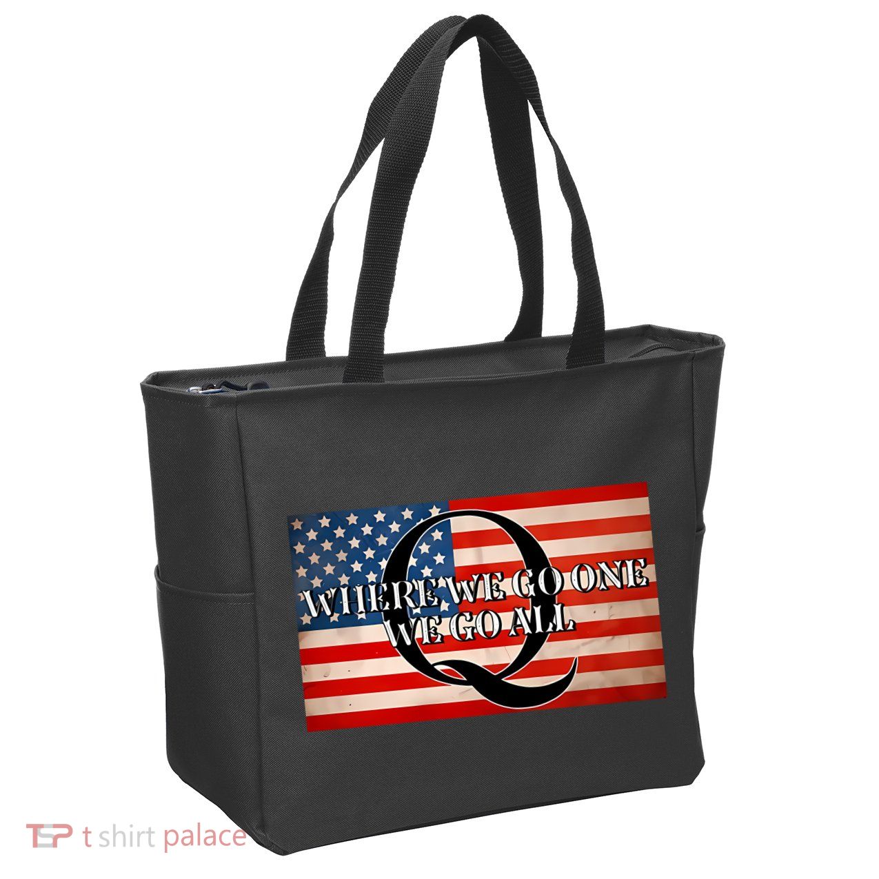 Q Where We Go One We Go All Usa Flag Zip Tote Bag