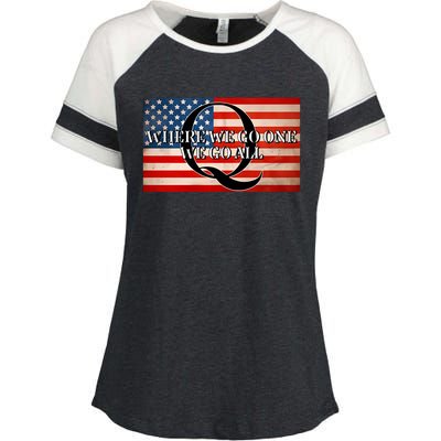 Q Where We Go One We Go All Usa Flag Enza Ladies Jersey Colorblock Tee