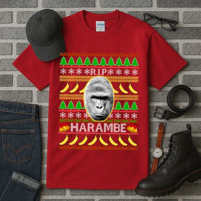 R.I.P. Harambe RIP Gorilla Ugly Christmas Sweater Design Tall T-Shirt