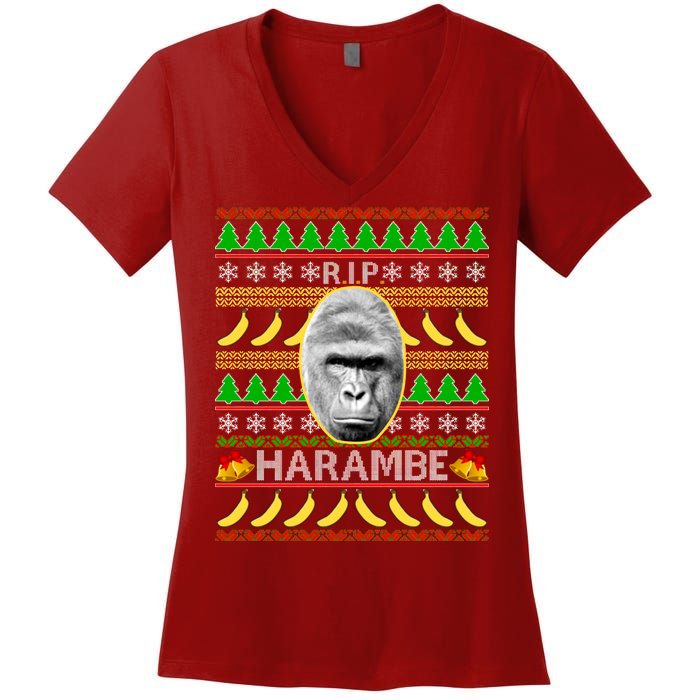 R.I.P. Harambe RIP Gorilla Ugly Christmas Sweater Design Women's V-Neck T-Shirt