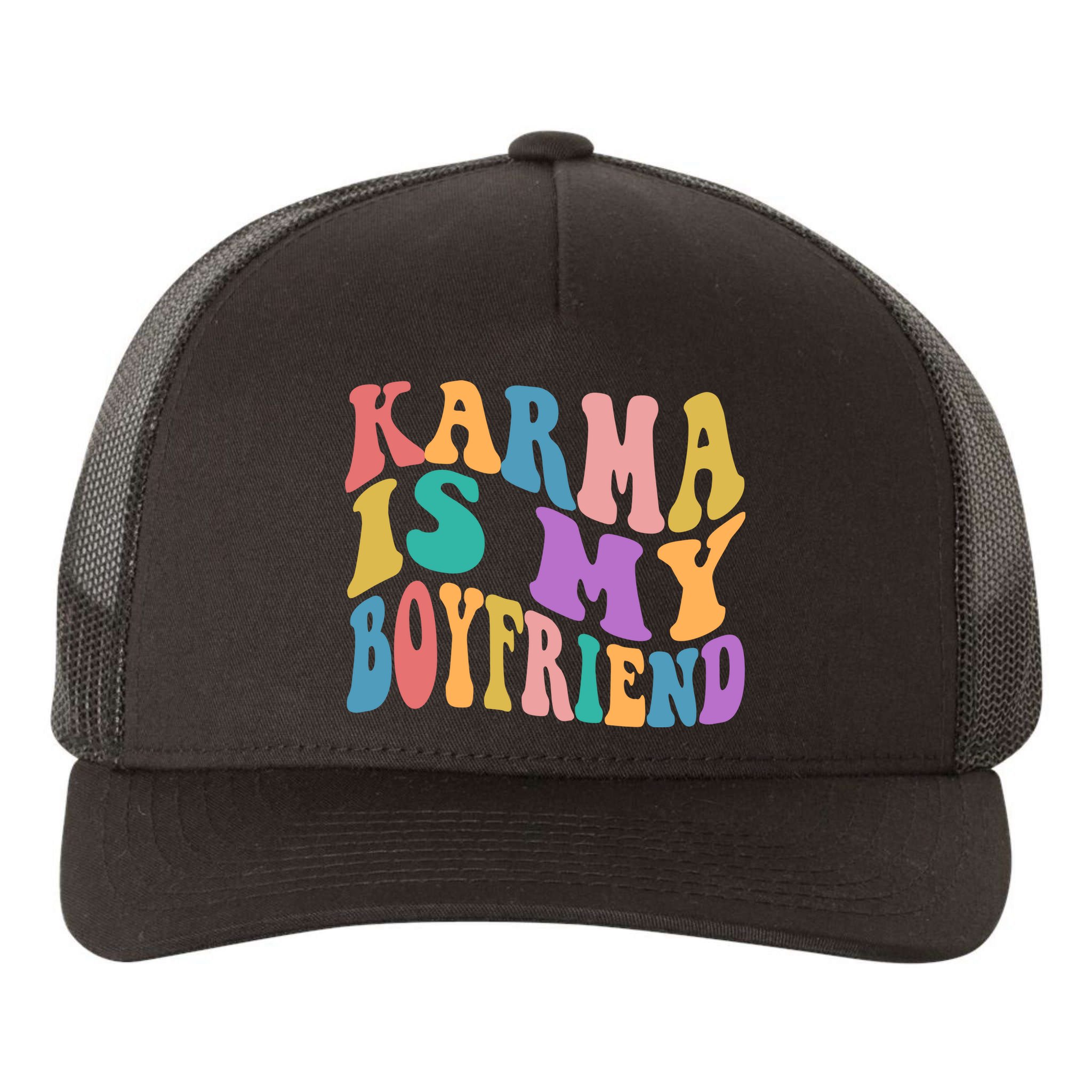 Retro 1960s 70s Karma Is My Boyfriend Yupoong Adult 5-Panel Trucker Hat