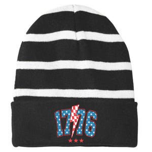 Retro 1776 America Flag 4th Of July Striped Beanie with Solid Band