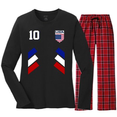 Retro 10 American Football USA Soccer Flag Women's Long Sleeve Flannel Pajama Set 